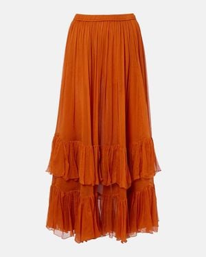 Saint Laurent Ruffled Sheer Silk Maxi Skirt - Orange