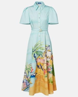 LEO LIN Printed Belted Cotton Shirt Dress - Blue