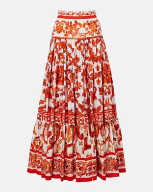 Dolce & Gabbana Majolica Cotton Poplin Maxi Skirt - Red