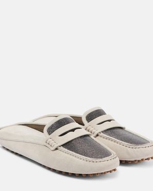 Brunello Cucinelli Monili Suede Driving Mules - White
