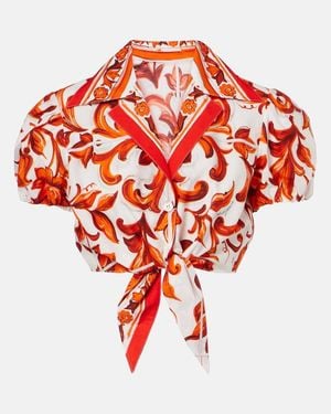 Dolce & Gabbana Majolica Cropped Cotton Poplin Blouse - Red
