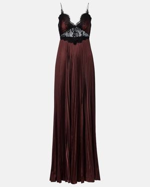 Self-Portrait Lace-Trimmed Pleated Satin Maxi Dress - Purple
