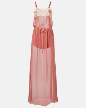 Saint Laurent Lace-Trimmed Silk Crepe Muslin Maxi Dress - Pink
