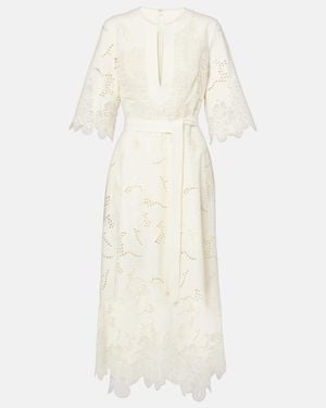 Elie Saab Embroidered Broderie Anglaise Midi Dress - White
