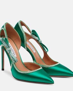 Aquazzura Soave Crystal 105 Bow-Detail Satin Court Shoes - Green