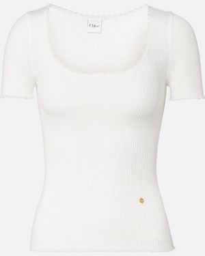 Chloé Lace-Trimmed Ribbed-Knit Cotton T-Shirt - White