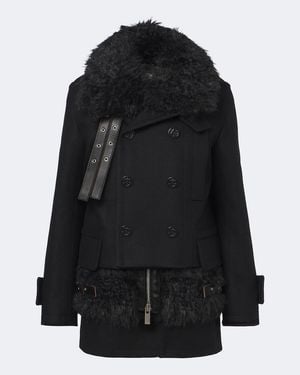 Sacai Layered Leather-Trimmed Wool Coat - Black