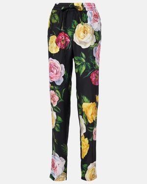 Dolce & Gabbana Floral Silk Straight Pants - Green