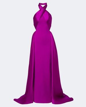 Solace London Rumi Halterneck Satin-Trimmed Crepe Gown - Purple
