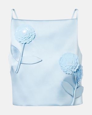 Self-Portrait Floral-Applique Sequined Cropped Satin Top - Blue