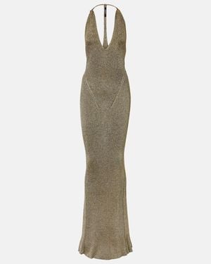 Roberto Cavalli Ribbed-Knit Lame Maxi Dress - Natural