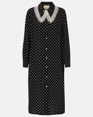 Valentino Polka-Dot Lace-Trimmed Silk Shirt Dress - Black
