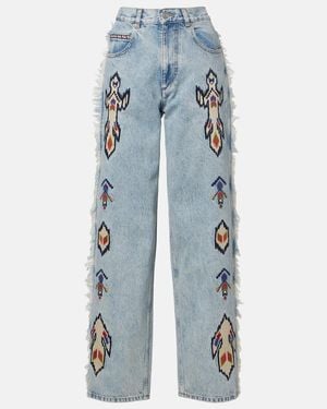 Isabel Marant Maella Embroidered Fringed Straight Jeans - Blue