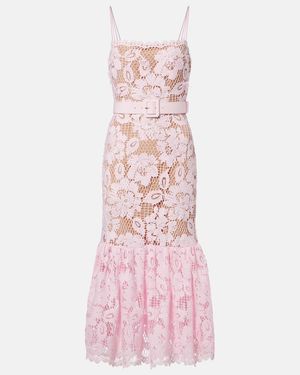 Self-Portrait Belted Crochet Midi Dress - Pink