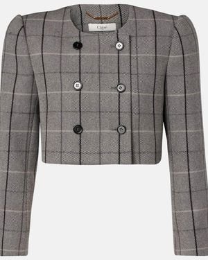 Chloé Checked Cropped Wool Jacket - Gray