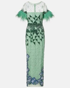 La Fuori Embellished Feather-Trimmed Gown - Green