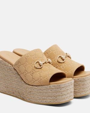Gucci Horsebit Gg Suede Espadrille Wedges - Natural