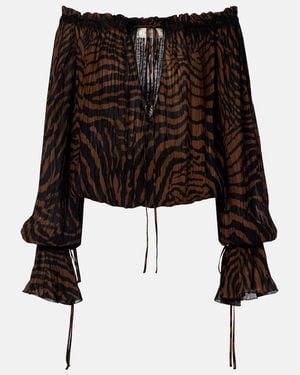 Blumarine Lace-Trimmed Zebra-Print Chiffon Top - Black
