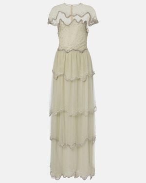 Costarellos Zaria Embellished Tiered Tulle Gown - Natural