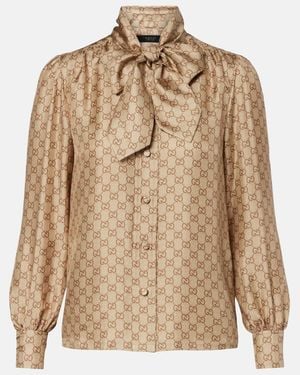 Gucci Gg Tie-Neck Printed Silk Twill Blouse - Brown