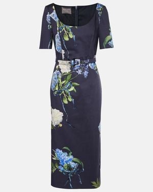 Monique Lhuillier Floral Poplin Midi Dress - Blue
