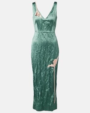 Erdem Floral-Applique Satin Midi Dress - Green