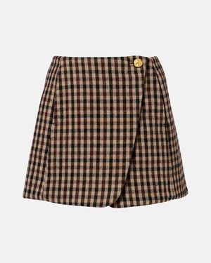 Ganni Checked Wool Wrap Skirt - Brown