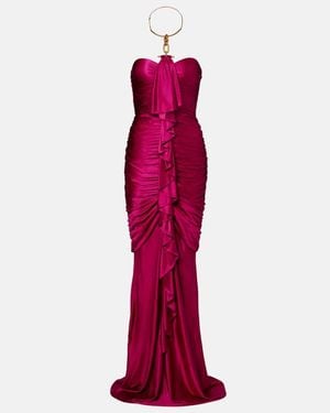 Balmain Draped Ruffled Satin Bustier Gown - Red