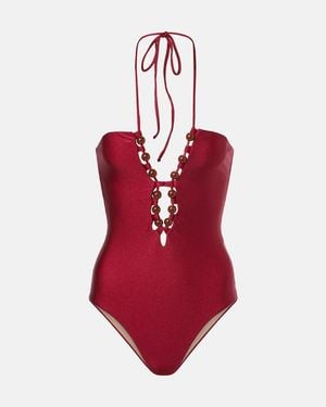 Adriana Degreas Banador Cuello Halter Con Cuentas - Rojo