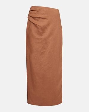 SIR. Asymmetric Ruched Linen Midi Skirt - Brown