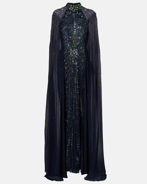 Jenny Packham Thea Caped Sequined Gown - Blue