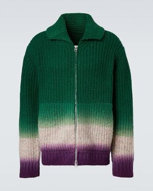 Sacai Ribbed-Knit Wool Zip-Up Cardigan - Green