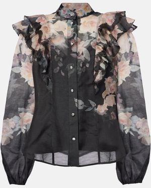 Zimmermann Crush Frill-Trim Linen-Silk Blend Blouse - Black
