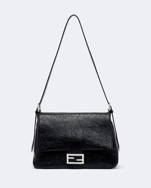 Fendi Baguette Flap Medium Leather Shoulder Bag - Black