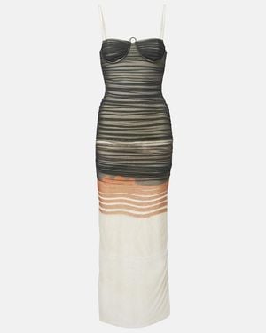 SIR. Breeze Striped Ruched Mesh Midi Dress - Green