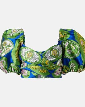 ALÉMAIS Printed Balloon-Sleeve Cropped Top - Green