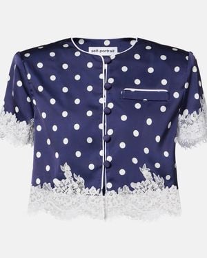 Self-Portrait Lace-Trimmed Polka-Dot Satin Crop Top - Blue