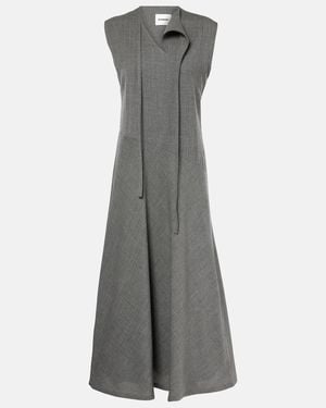 Jil Sander Tie-Neck Virgin Wool Canvas Midi Dress - Gray