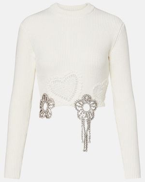 Area Embellished Cotton-Blend Sweater - White