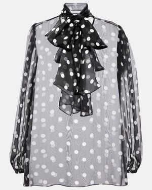 Dolce & Gabbana Polka-Dot Bow-Detail Silk Chiffon Blouse - Grey