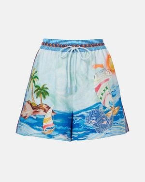ALÉMAIS Printed Linen Shorts - Blue