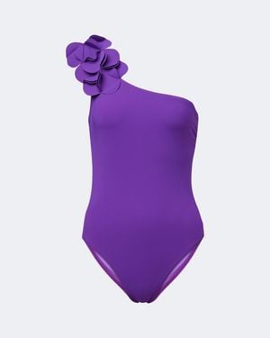 Karla Colletto Tess Floral-Applique One-Shoulder Swimsuit - Purple
