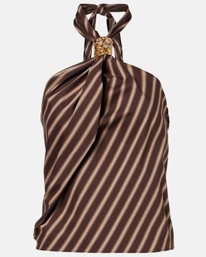 JACQUES WEI Gathered Striped Cotton-Blend Top - Brown