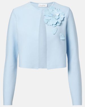 Oscar de la Renta Cropped Floral-Applique Sequined Jacket - Blue