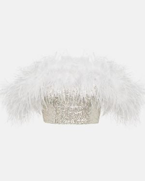 Self-Portrait Sequined Feather-Trimmed Crop Top - White
