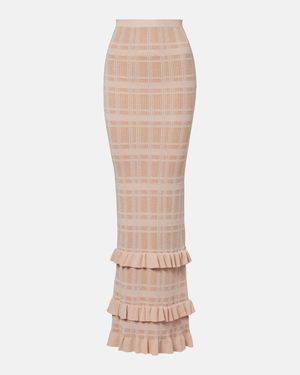 Bananhot Petra Checked Ribbed-Knit Ruffled Pencil Skirt - Natural