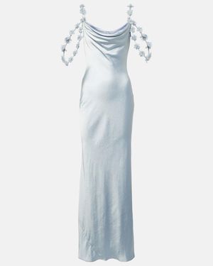 Self-Portrait Bridal Floral-Applique Satin Gown - Blue