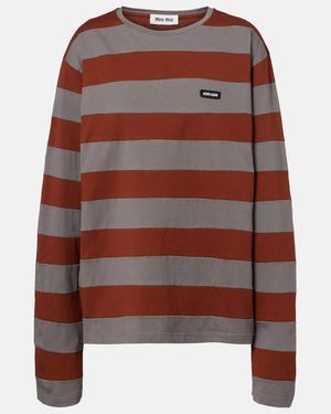 Miu Miu Striped Cotton Jersey T-Shirt - Brown