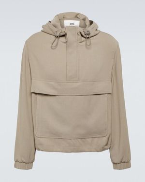 Ami Paris Hooded Half-Zip Twill Jacket - Natural
