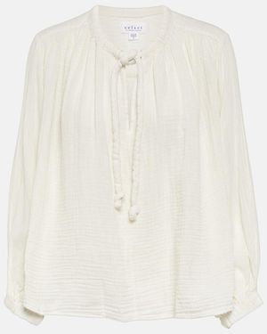 Velvet Tie-Neck Cotton Blouse Top - White